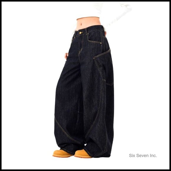 Denim - High Waisted Barrel Leg Jeans Oversized Y2K Streetwear Loose Fit Denim Pants